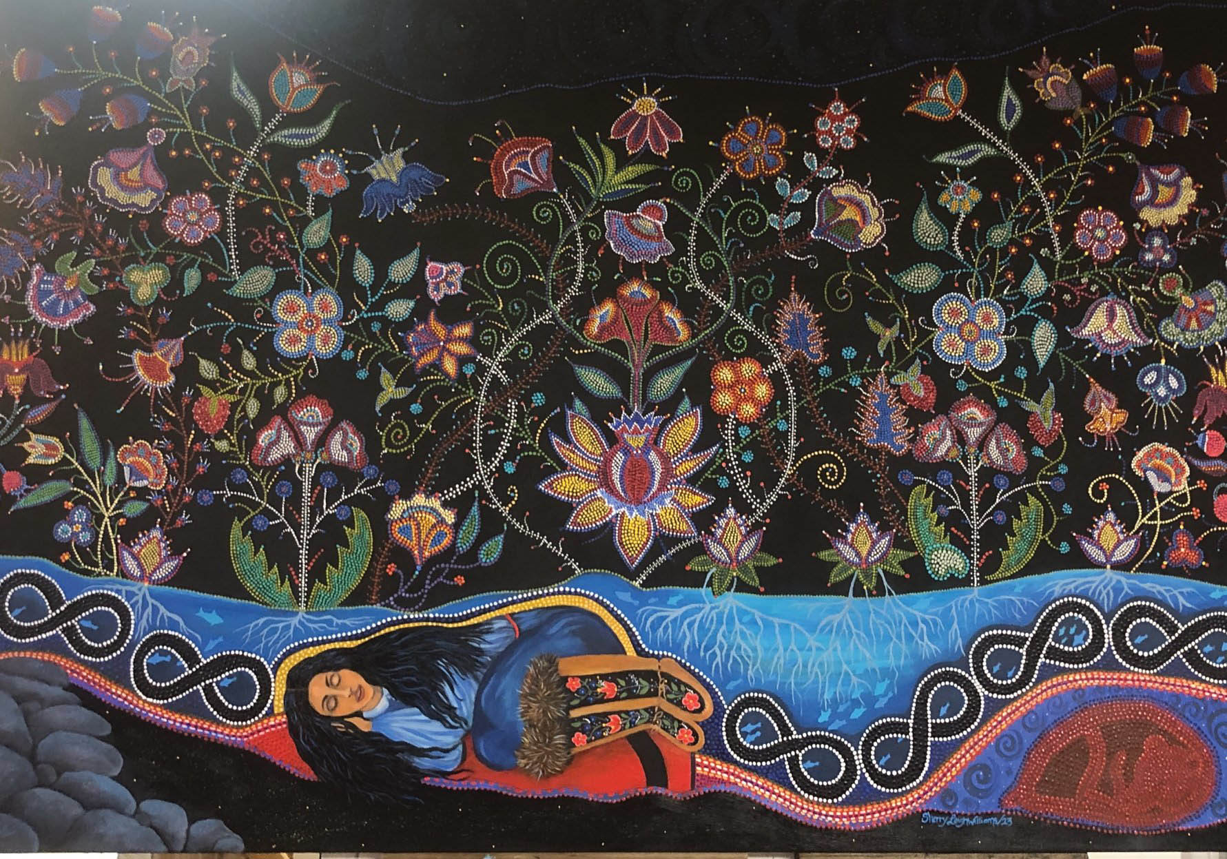 Between Two Worlds – Otipemeciwak, acrylic painting by Sherry Leigh Williams, commissioned by University of Guelph