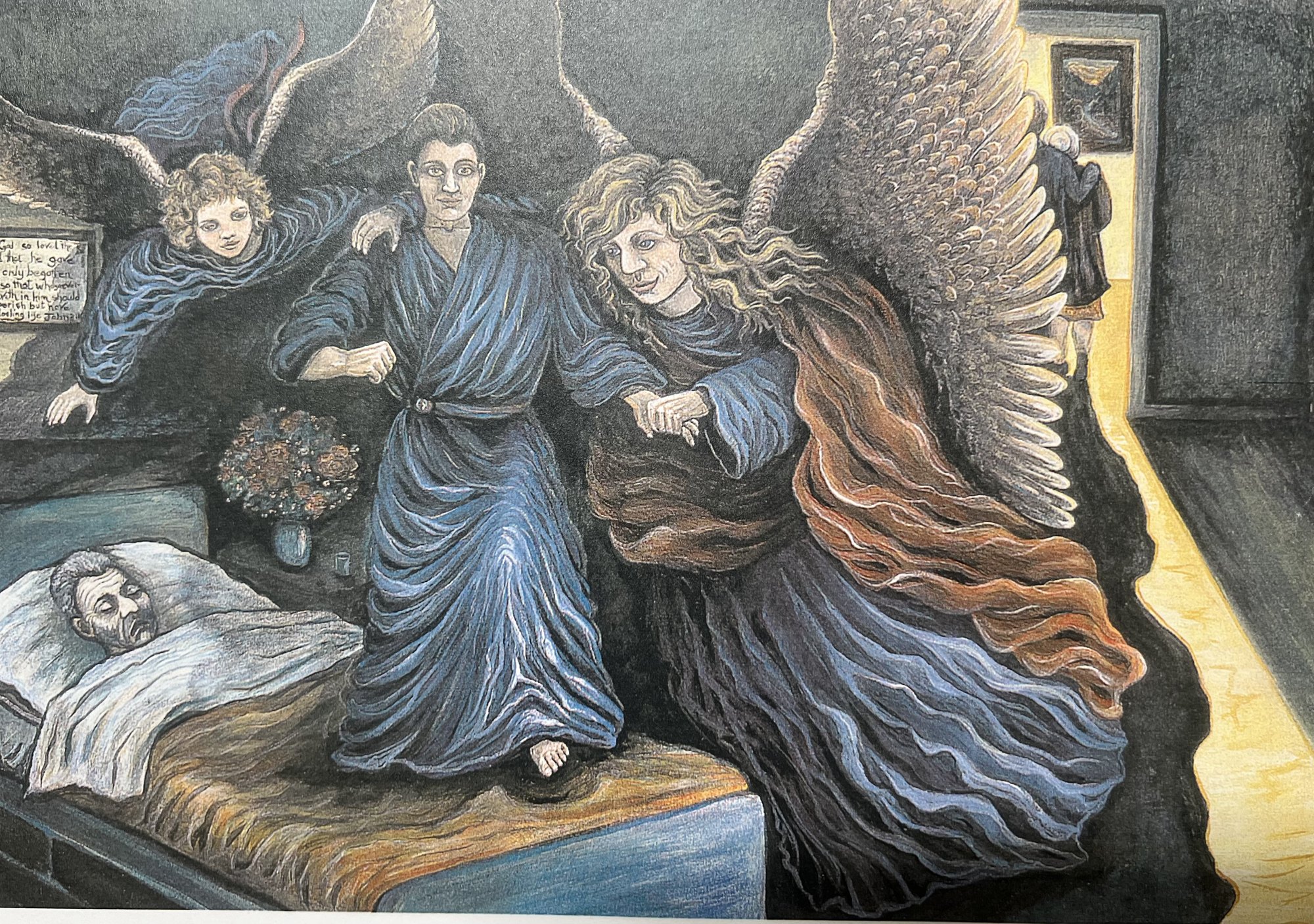 Going Home, painting of three angels at a bedside by Sherry Leigh Williams, 1996
