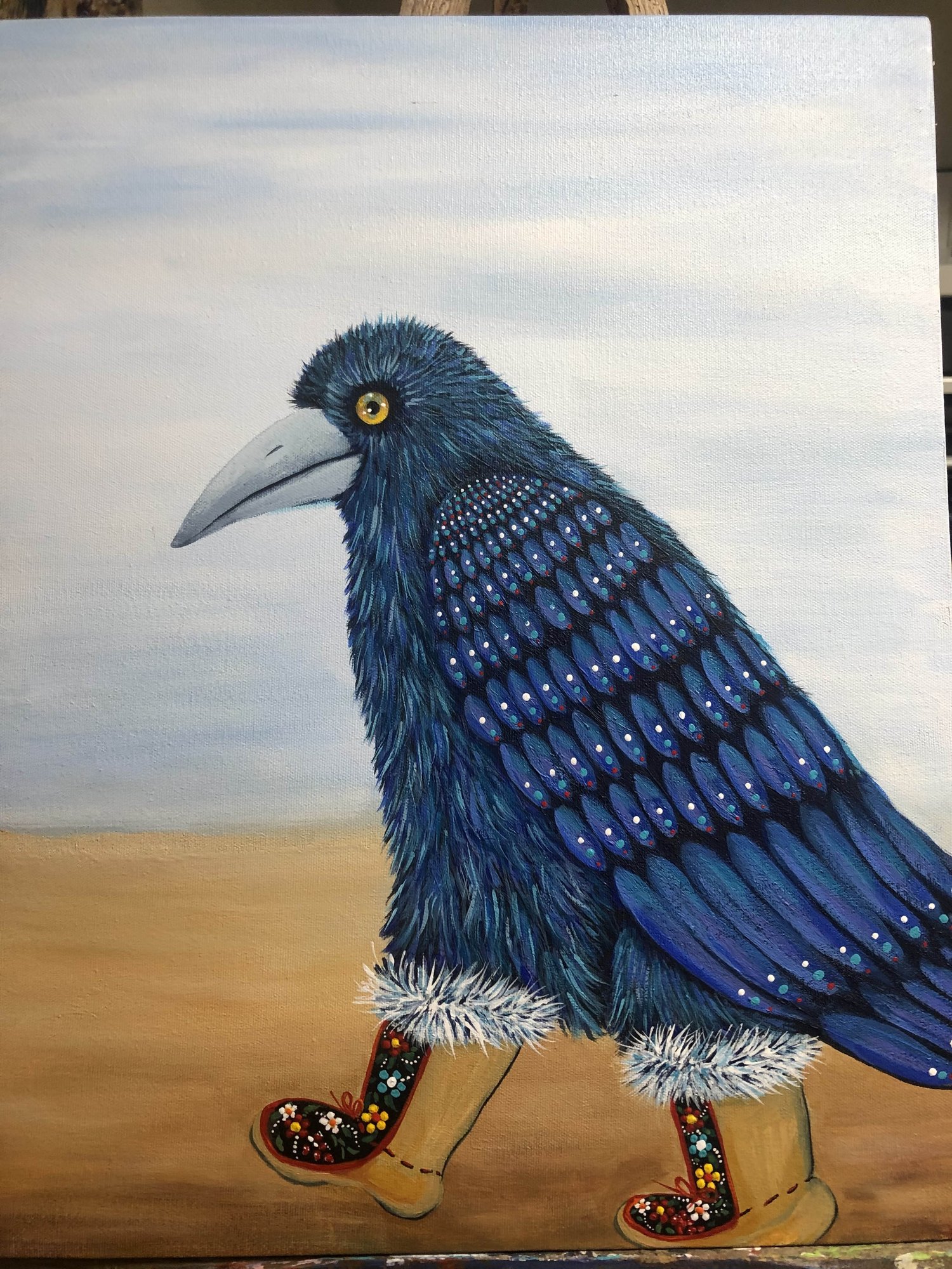 Raven Rockin His Moc's, acrylic painting in the Métis beadwork series